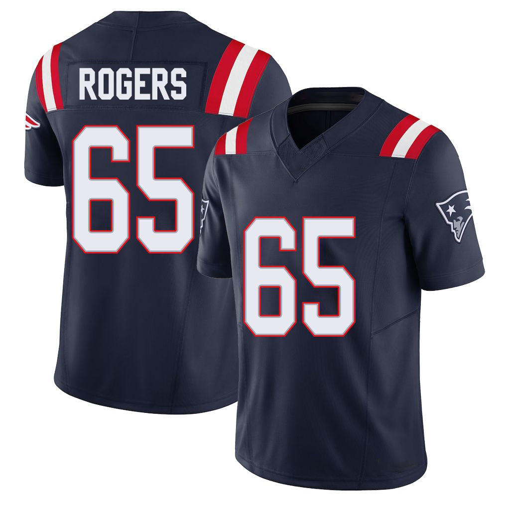 New England #65 Rogers Player Football V Neck Short Sleeve Navy Jersey Casey For Men Youth Women Gift