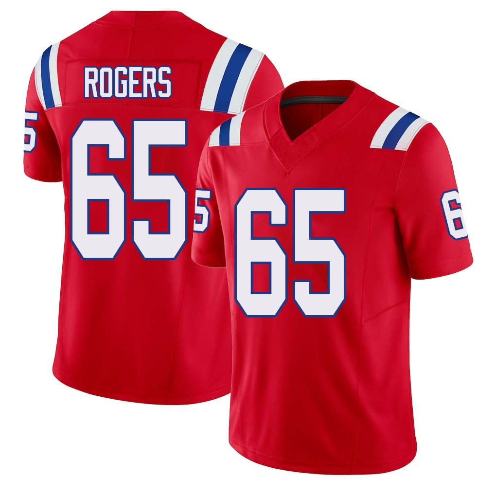 New England #65 Rogers Player Football V Neck Short Sleeve Red Jersey Casey For Men Youth Women Gift