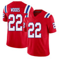New England #22 Woods Player Football V Neck Short Sleeve Red Jersey Charles For Men Youth Women Gift