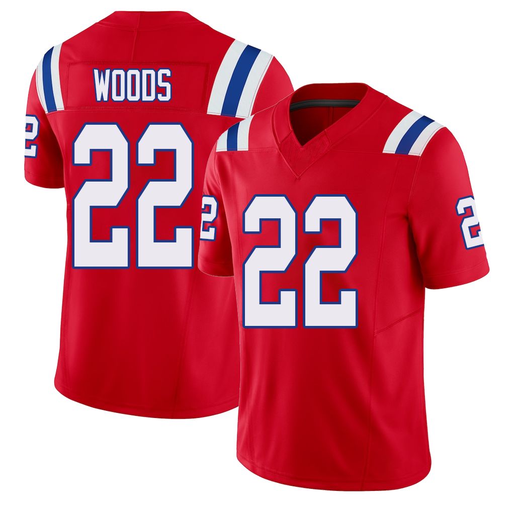 New England #22 Woods Player Football V Neck Short Sleeve Red Jersey Charles For Men Youth Women Gift