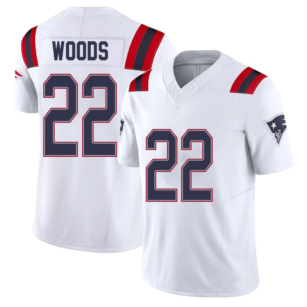 New England #22 Woods Player Football V Neck Short Sleeve White Jersey Charles For Men Youth Women Gift