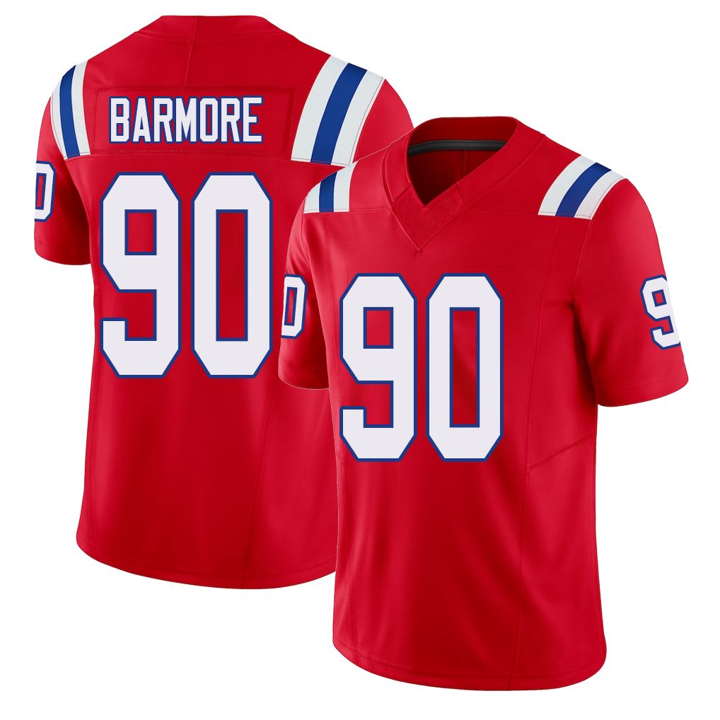 New England #90 Barmore Player Football V Neck Short Sleeve Red Jersey Christian For Men Youth Women Gift