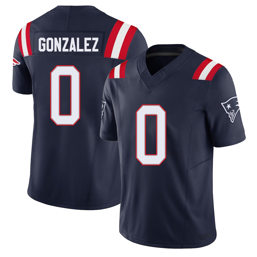 New England #0 Gonzalez Player Football V Neck Short Sleeve Navy Jersey Christian For Men Youth Women Gift