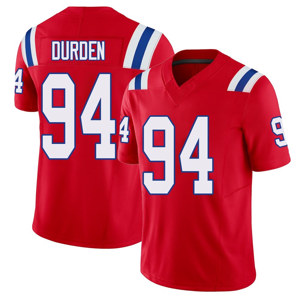 New England #94 Durden Player Football V Neck Short Sleeve Red Jersey Cory For Men Youth Women Gift