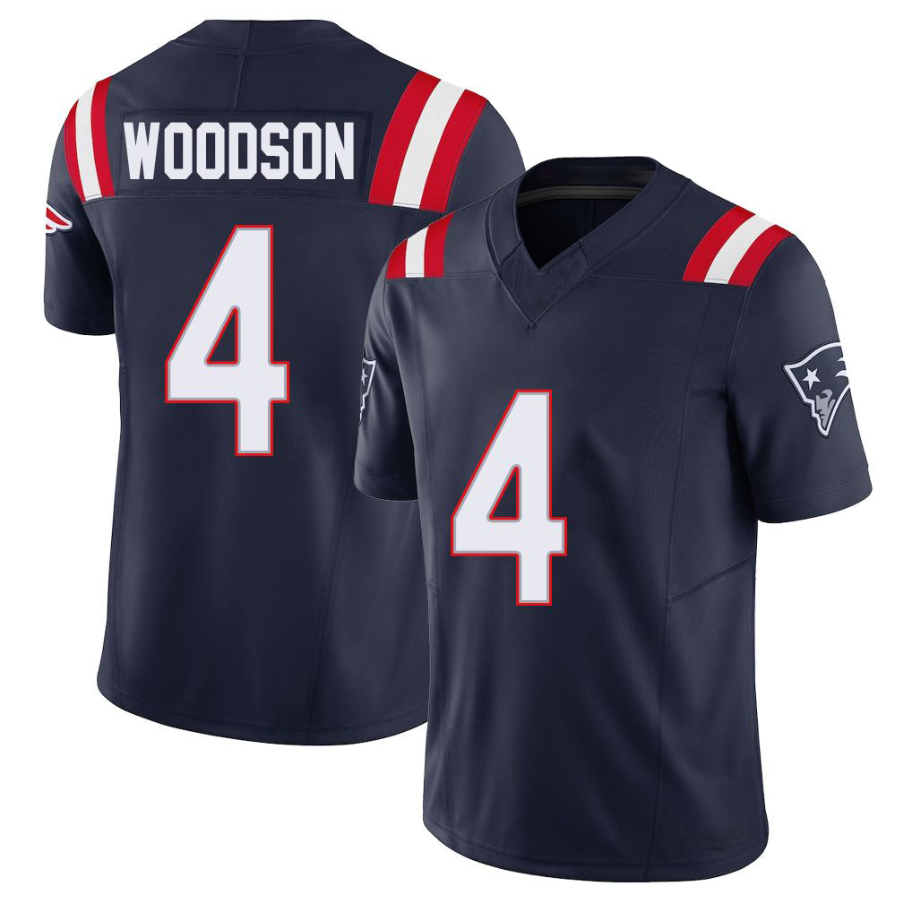 New England #4 Woodson Player Football V Neck Short Sleeve Navy Jersey Craig For Men Youth Women Gift
