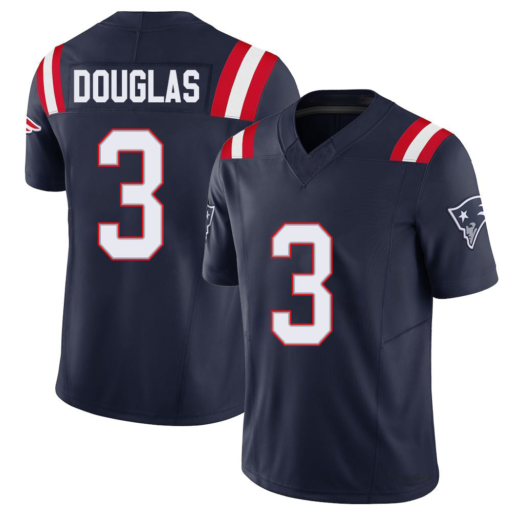 New England #3 Douglas Player Football V Neck Short Sleeve Navy Jersey DeMario For Men Youth Women Gift