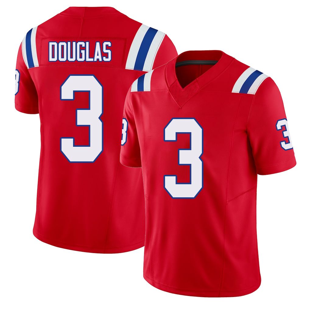 New England #3 Douglas Player Football V Neck Short Sleeve Red Jersey DeMario For Men Youth Women Gift