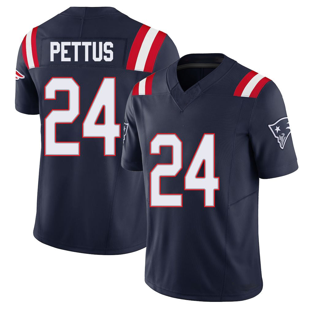 New England #24 Pettus Player Football V Neck Short Sleeve Navy Jersey Dell For Men Youth Women Gift
