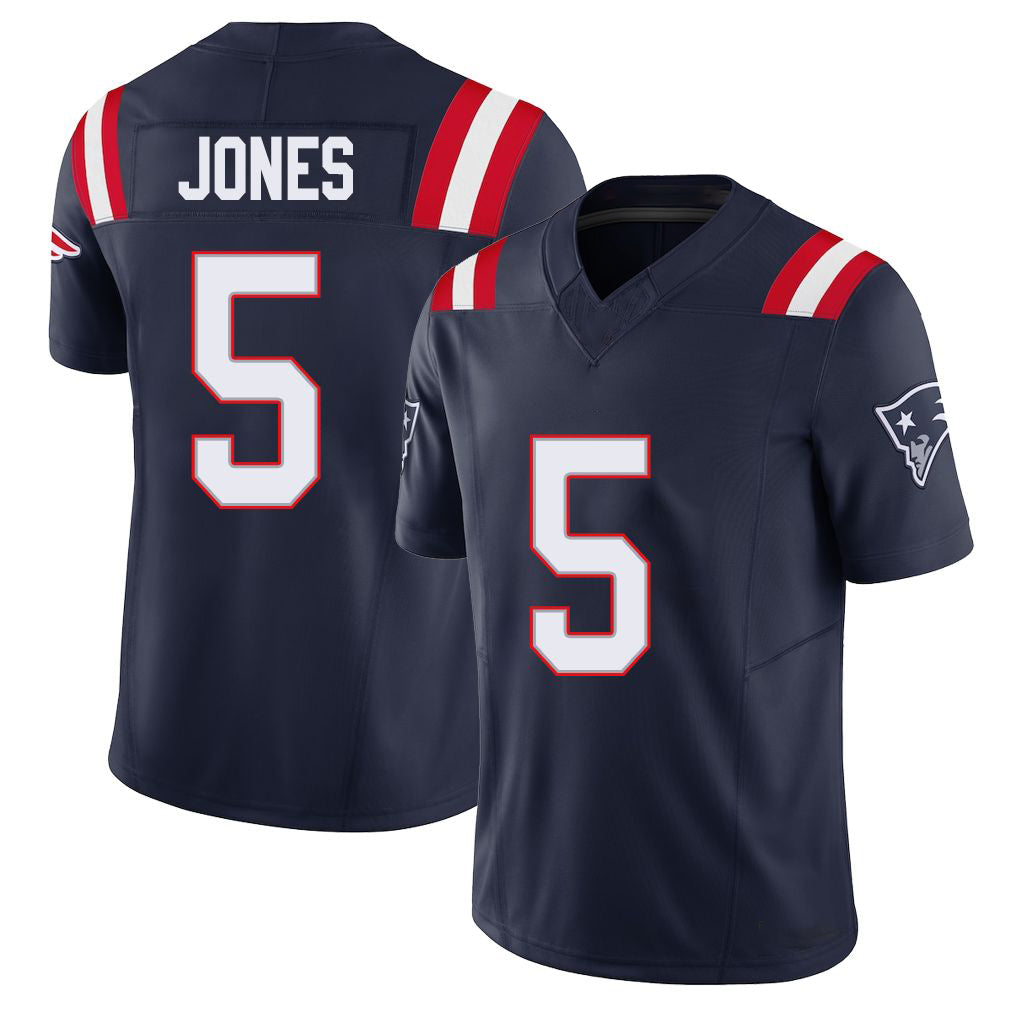 New England #5 Jones Player Football V Neck Short Sleeve Navy Jersey Dre'Mont For Men Youth Women Gift
