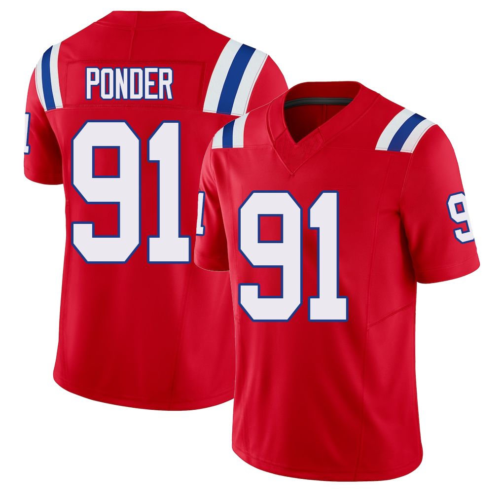 New England #91 Ponder Player Football V Neck Short Sleeve Red Jersey Elijah For Men Youth Women Gift