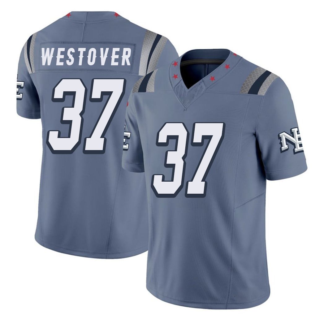 New England #37 Westover Player Football V Neck Short Sleeve Blue Jersey Jack For Men Youth Women Gift