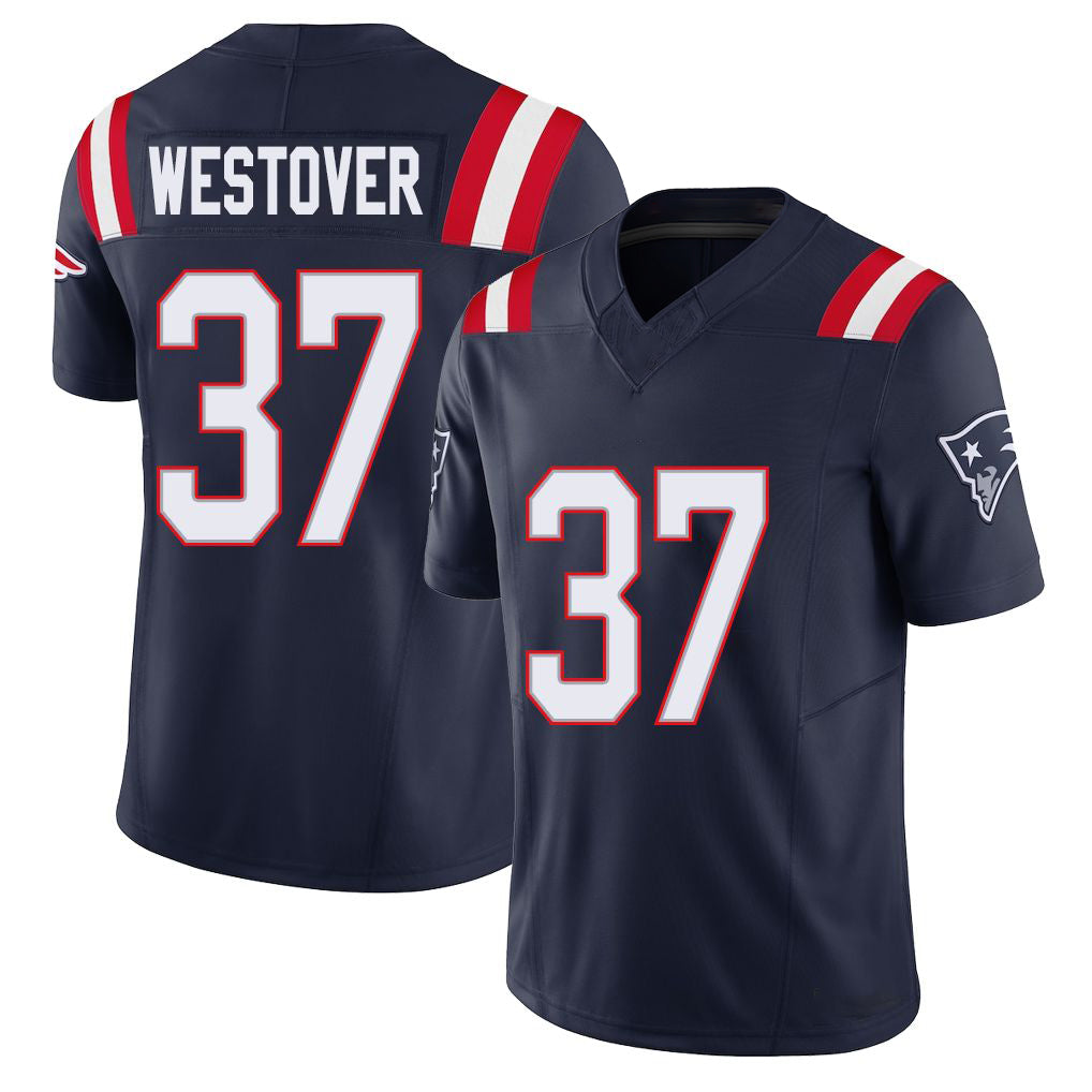 New England #37 Westover Player Football V Neck Short Sleeve Navy Jersey Jack For Men Youth Women Gift