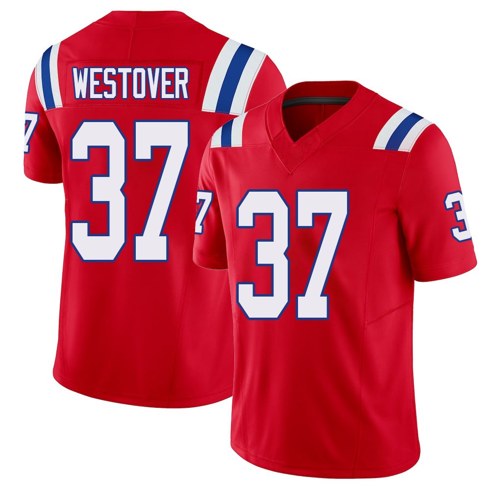 New England #37 Westover Player Football V Neck Short Sleeve Red Jersey Jack For Men Youth Women Gift