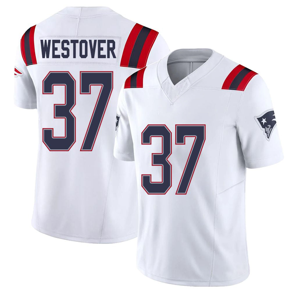 New England #37 Westover Player Football V Neck Short Sleeve White Jersey Jack For Men Youth Women Gift