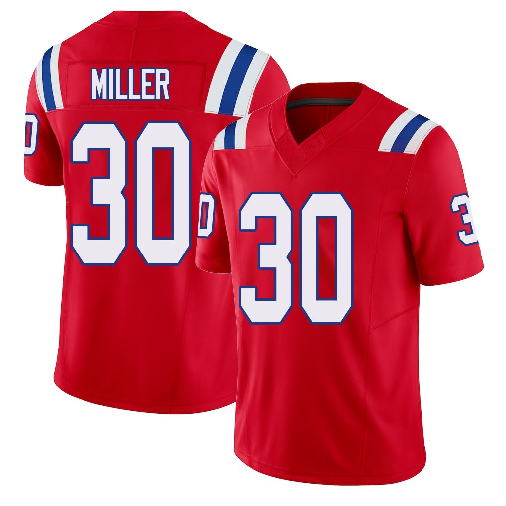 New England #30 Miller Player Football V Neck Short Sleeve Red Jersey Jam For Men Youth Women Gift