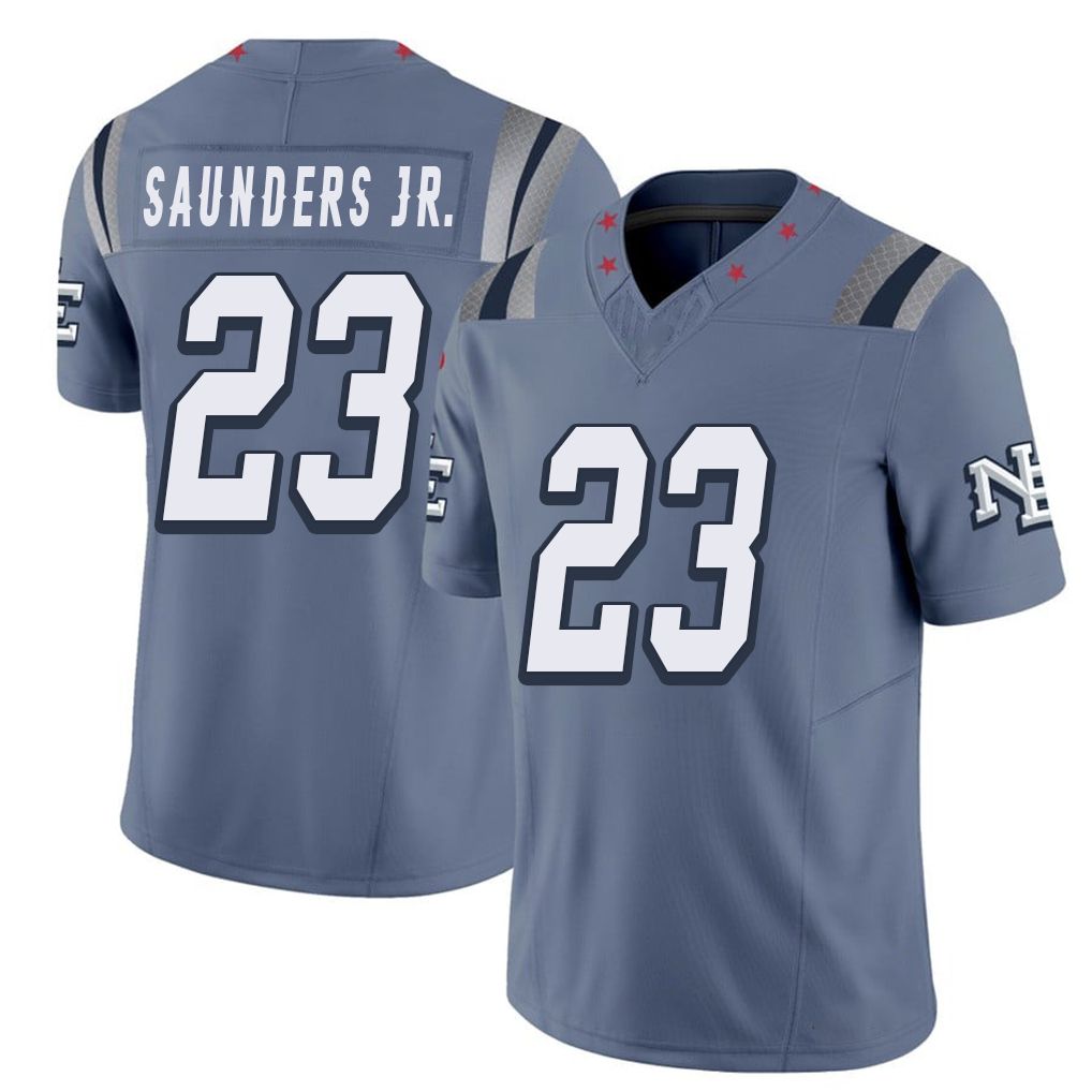 New England #23 Saunders Jr. Player Football V Neck Short Sleeve Blue Jersey John For Men Youth Women Gift