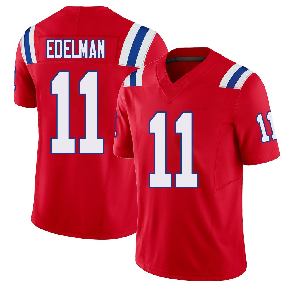 New England #11 Edelman Player Football V Neck Short Sleeve Red Jersey Julian For Men Youth Women Gift