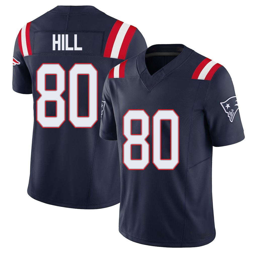 New England #80 Hill Player Football V Neck Short Sleeve Navy Jersey Julian For Men Youth Women Gift