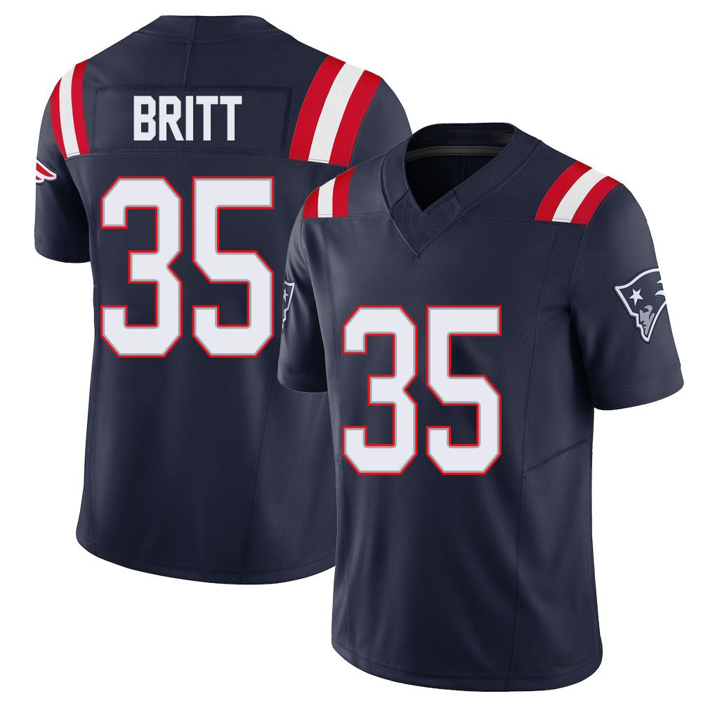 New England #35 Britt Player Football V Neck Short Sleeve Navy Jersey K.J. For Men Youth Women Gift