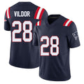 New England #28 Vildor Player Football V Neck Short Sleeve Navy Jersey Kindle For Men Youth Women Gift