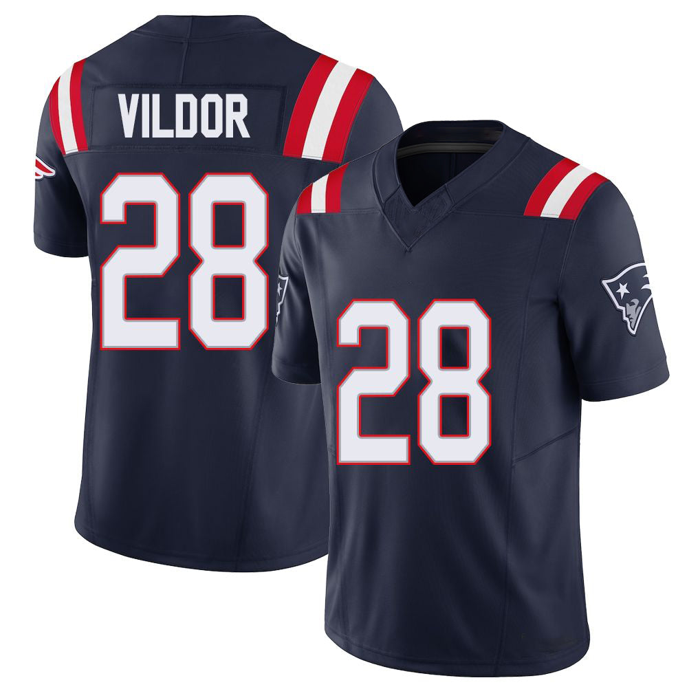 New England #28 Vildor Player Football V Neck Short Sleeve Navy Jersey Kindle For Men Youth Women Gift