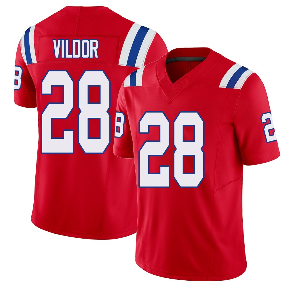 New England #28 Vildor Player Football V Neck Short Sleeve Red Jersey Kindle For Men Youth Women Gift