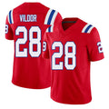 New England #28 Vildor Player Football V Neck Short Sleeve Red Jersey Kindle For Men Youth Women Gift