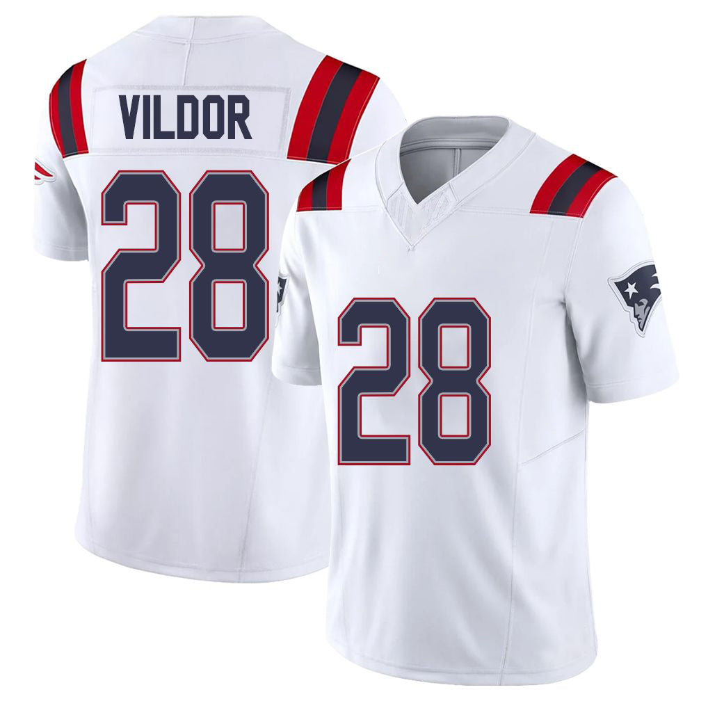 New England #28 Vildor Player Football V Neck Short Sleeve White Jersey Kindle For Men Youth Women Gift