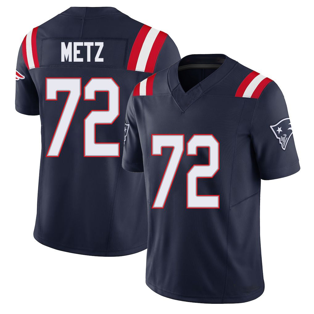 New England #72 Metz Player Football V Neck Short Sleeve Navy Jersey Lorenz For Men Youth Women Gift