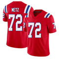 New England #72 Metz Player Football V Neck Short Sleeve Red Jersey Lorenz For Men Youth Women Gift