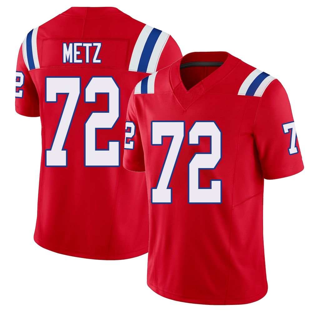 New England #72 Metz Player Football V Neck Short Sleeve Red Jersey Lorenz For Men Youth Women Gift