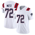 New England #72 Metz Player Football V Neck Short Sleeve White Jersey Lorenz For Men Youth Women Gift