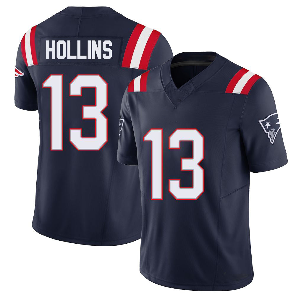 New England #13 Hollins Player Football V Neck Short Sleeve Navy Jersey Mack For Men Youth Women Gift