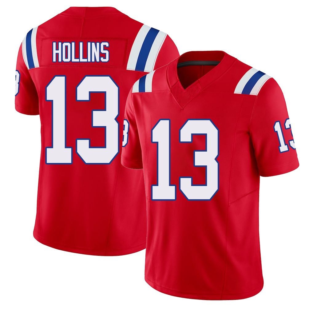 New England #13 Hollins Player Football V Neck Short Sleeve Red Jersey Mack For Men Youth Women Gift