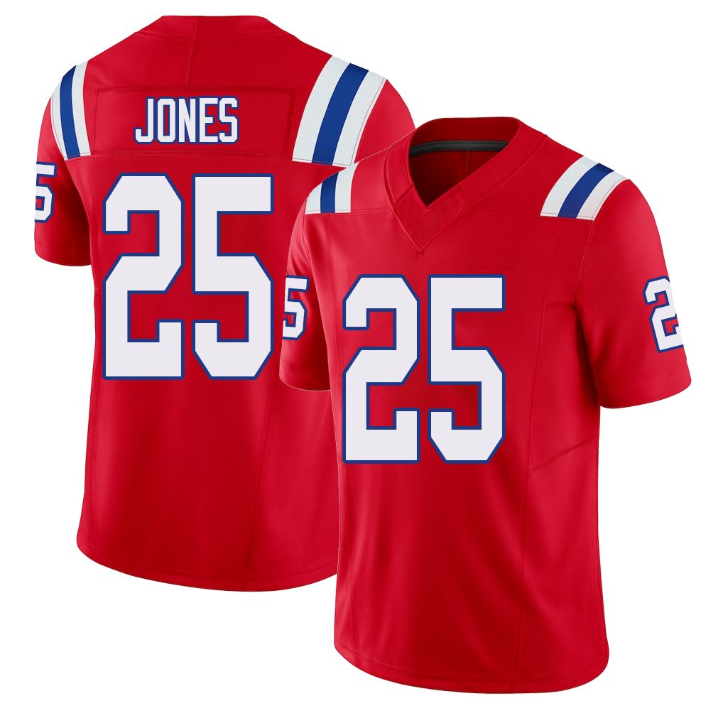 New England #25 Jones Player Football V Neck Short Sleeve Red Jersey Marcus For Men Youth Women Gift