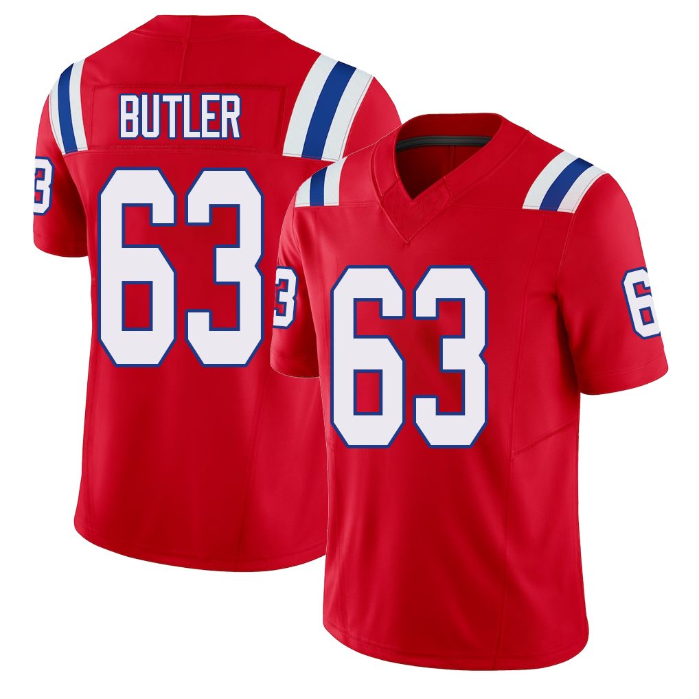 New England #63 Butler Player Football V Neck Short Sleeve Red Jersey Mehki For Men Youth Women Gift