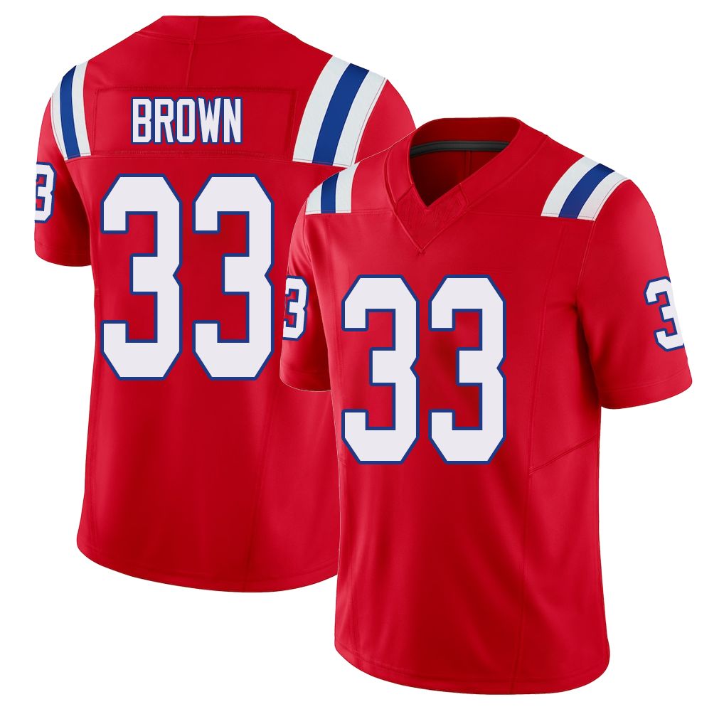 New England #33 Brown Player Football V Neck Short Sleeve Red Jersey Mike For Men Youth Women Gift