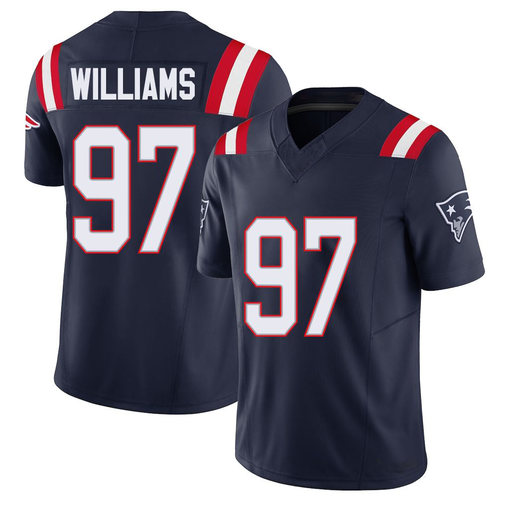 New England #97 Williams Player Football V Neck Short Sleeve Navy Jersey Milton For Men Youth Women Gift