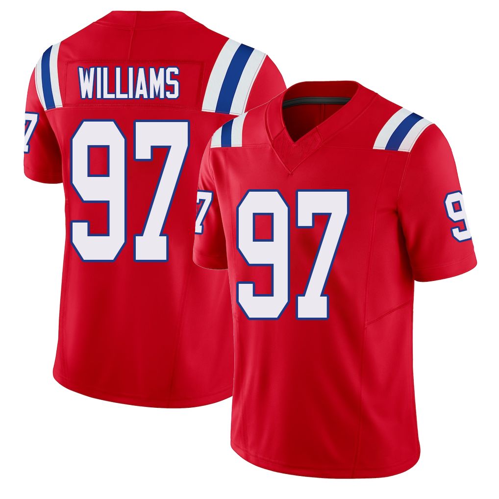 New England #97 Williams Player Football V Neck Short Sleeve Red Jersey Milton For Men Youth Women Gift