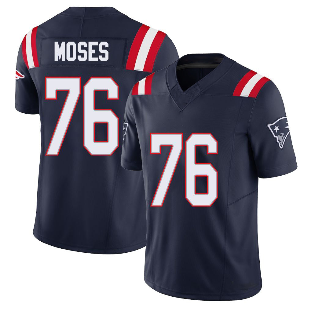 New England #76 Moses Player Football V Neck Short Sleeve Navy Jersey Morgan For Men Youth Women Gift