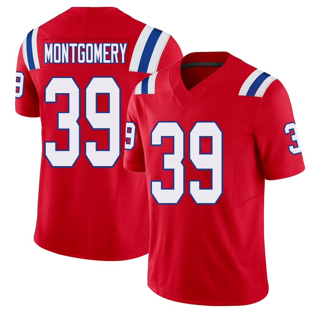 New England #39 Montgomery Player Football V Neck Short Sleeve Red Jersey Myles For Men Youth Women Gift