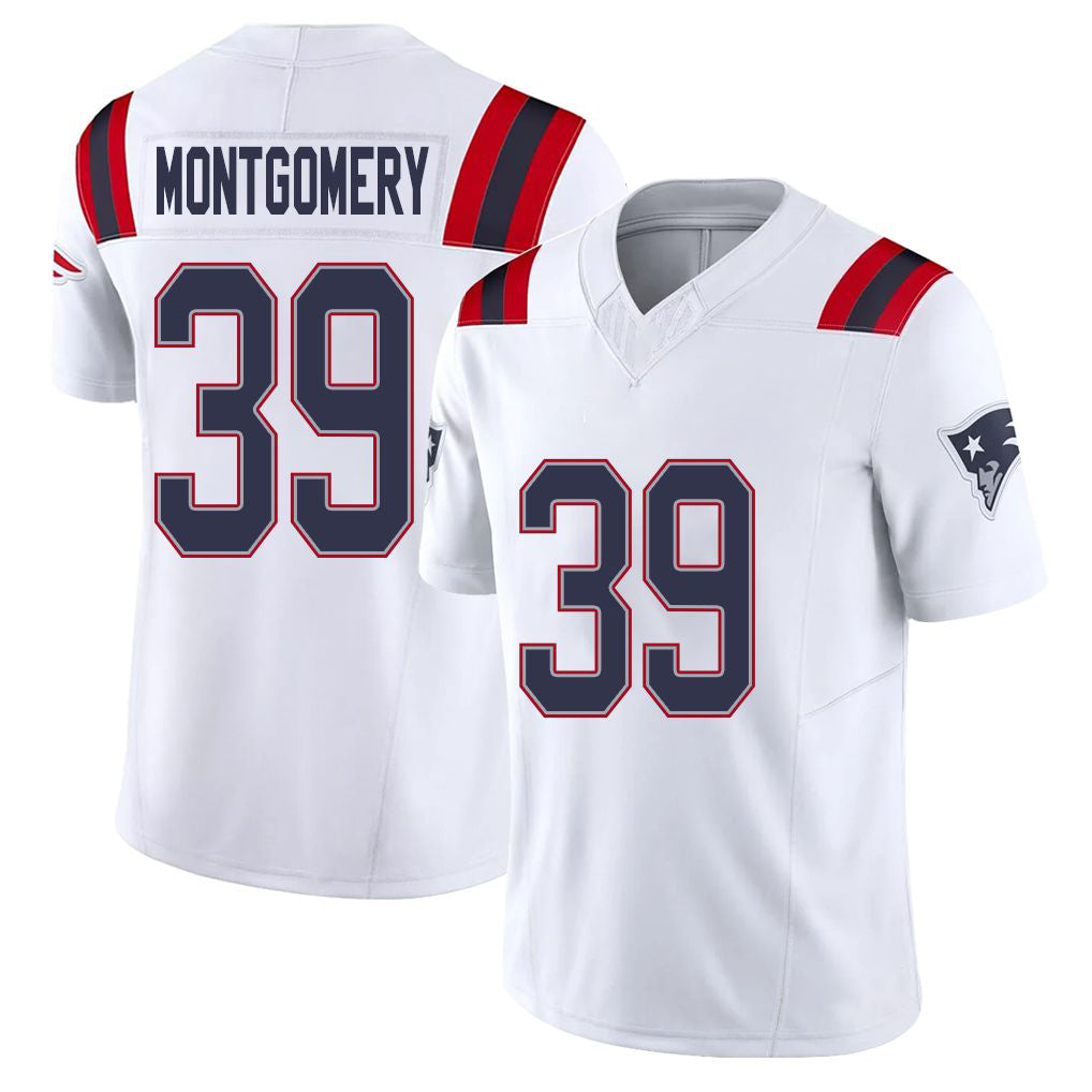 New England #39 Montgomery Player Football V Neck Short Sleeve White Jersey Myles For Men Youth Women Gift