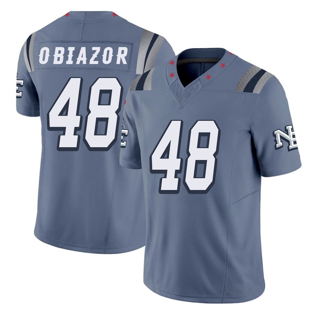 New England #48 Obiazor Player Football V Neck Short Sleeve Blue Jersey Namdi For Men Youth Women Gift