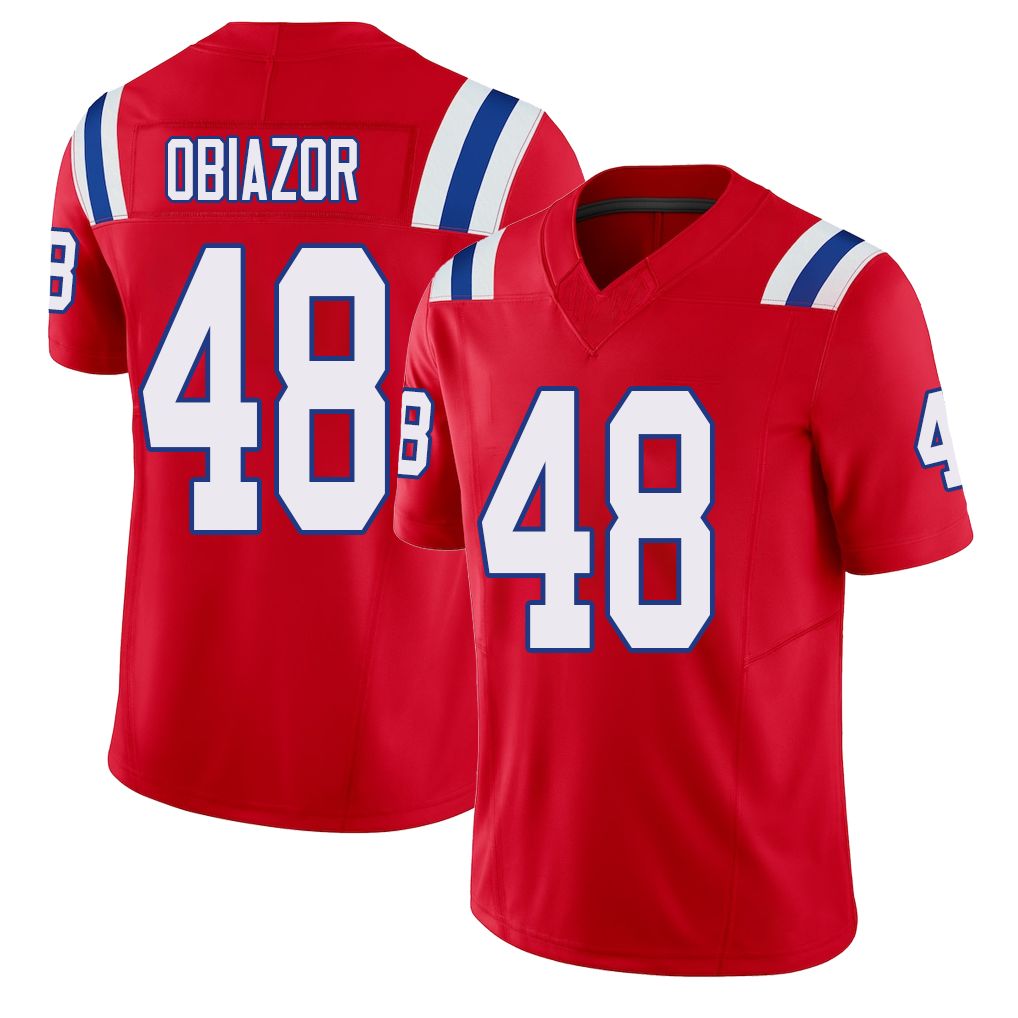 New England #48 Obiazor Player Football V Neck Short Sleeve Red Jersey Namdi For Men Youth Women Gift