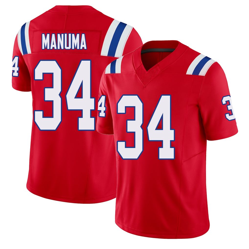 New England #34 Manuma Player Football V Neck Short Sleeve Red Jersey Peter For Men Youth Women Gift