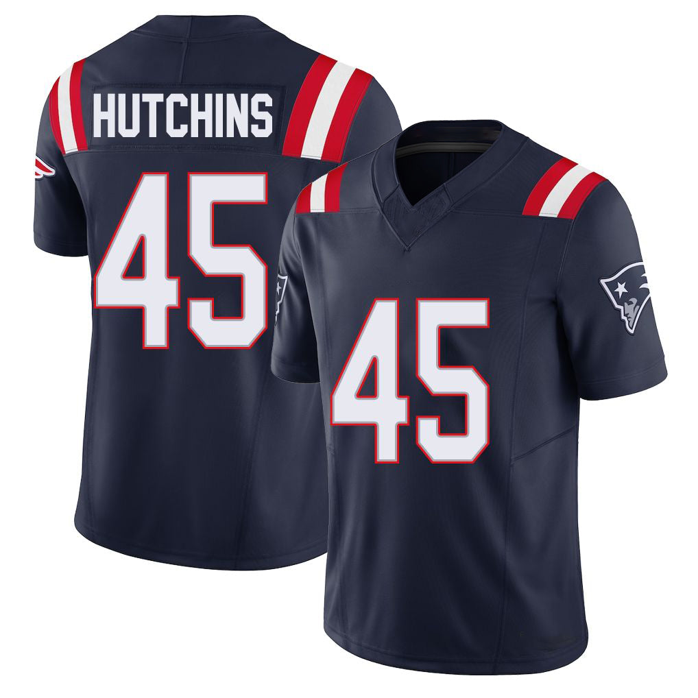 New England #45 Hutchins Player Football V Neck Short Sleeve Navy Jersey Quintayvious For Men Youth Women Gift