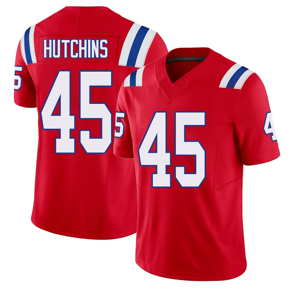 New England #45 Hutchins Player Football V Neck Short Sleeve Red Jersey Quintayvious For Men Youth Women Gift