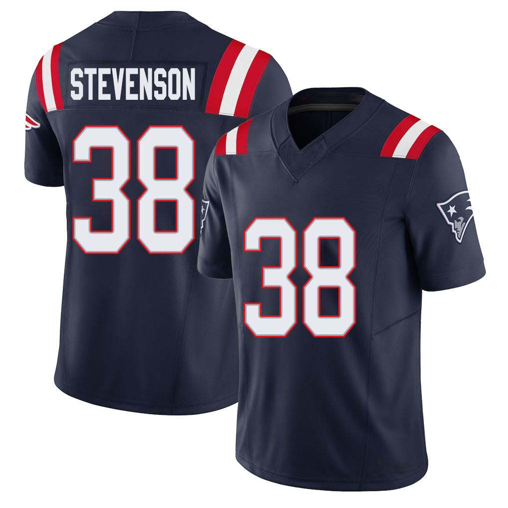 New England #38 Stevenson Player Football V Neck Short Sleeve Navy Jersey Rhamondre For Men Youth Women Gift