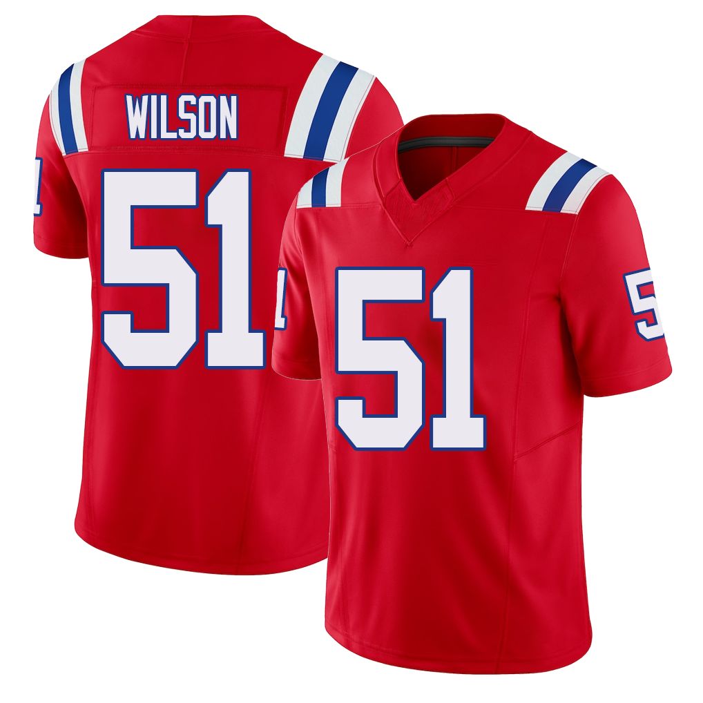 New England #51 Wilson Player Football V Neck Short Sleeve Red Jersey Riley For Men Youth Women Gift