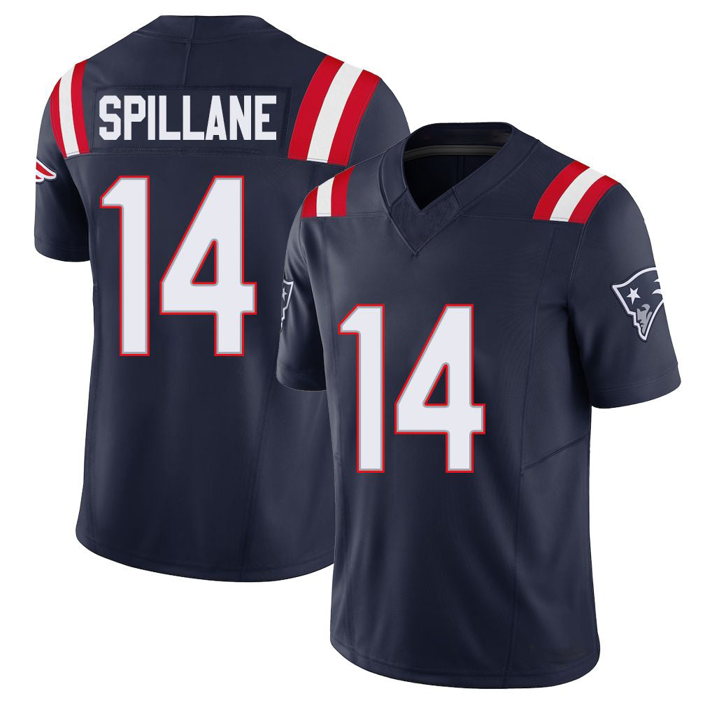 New England #14 Spillane Player Football V Neck Short Sleeve Navy Jersey Robert For Men Youth Women Gift